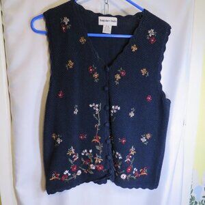 Vintage Scalloped Edge Navy Blue Floral Embroidered Sweater Vest P/M